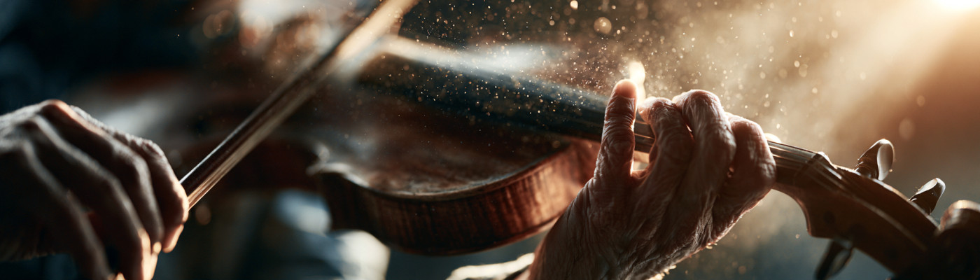 Close-up of a violinist's hands on the fingerboard during a vibrato, dust particles in the beam of light