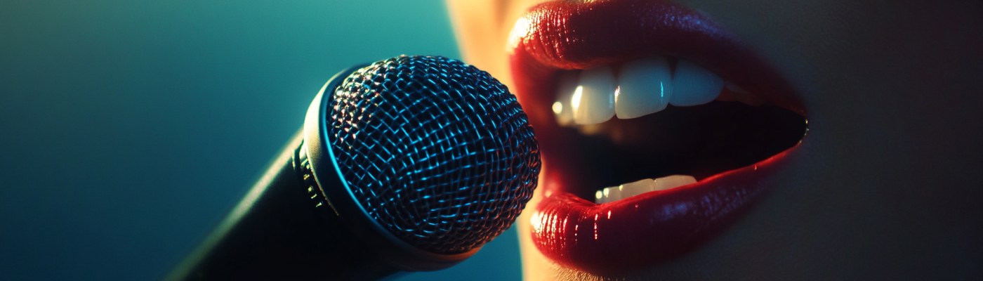 Extreme close-up of a singer's open mouth and the microphone capsule