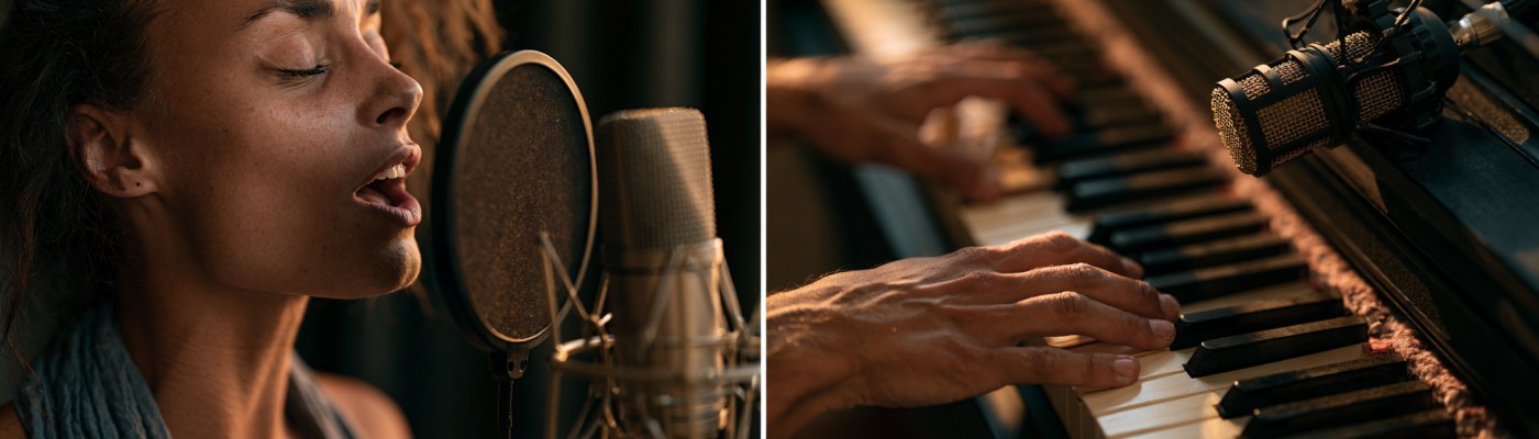 Editorial-style diptych in a home studio: on the left a singer in front of a condenser microphone, on the right a pianist's hands on the keys with a studio microphone — the same shooting conditions for voice and instrument