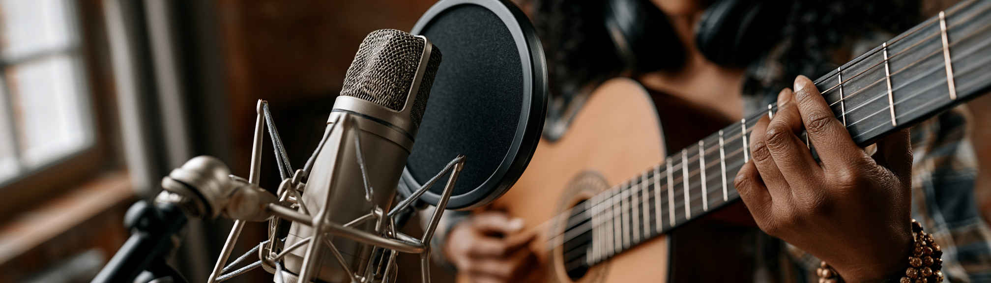 Close-up of a condenser microphone with pop filter positioned in front of a young classical guitarist in a home studio