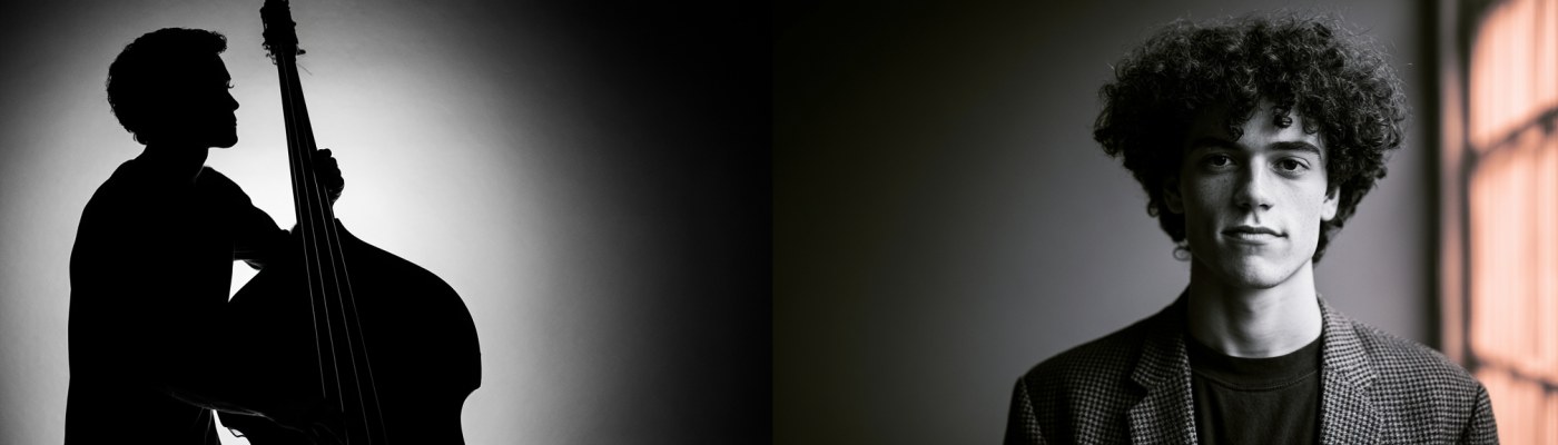 Diptych composition: the same musician backlit on the left and with soft frontal light on the right